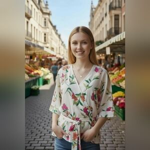 Worthington Floral Wrap Blouse - White with Pink and Green Size XL